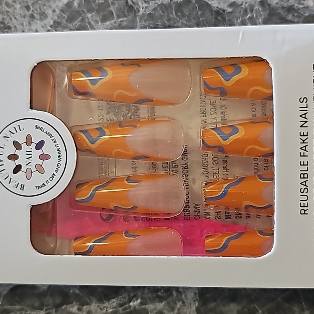 Press On Nails Orange French Tip With Blue And Yellow Lines